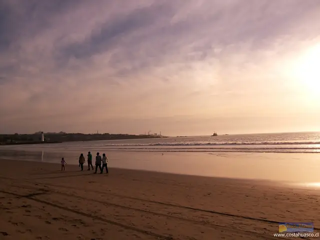 Personas caminando por la playa al atardecer