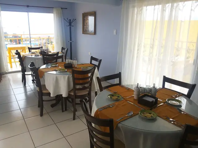 Mesas del comedor junto a los ventanales